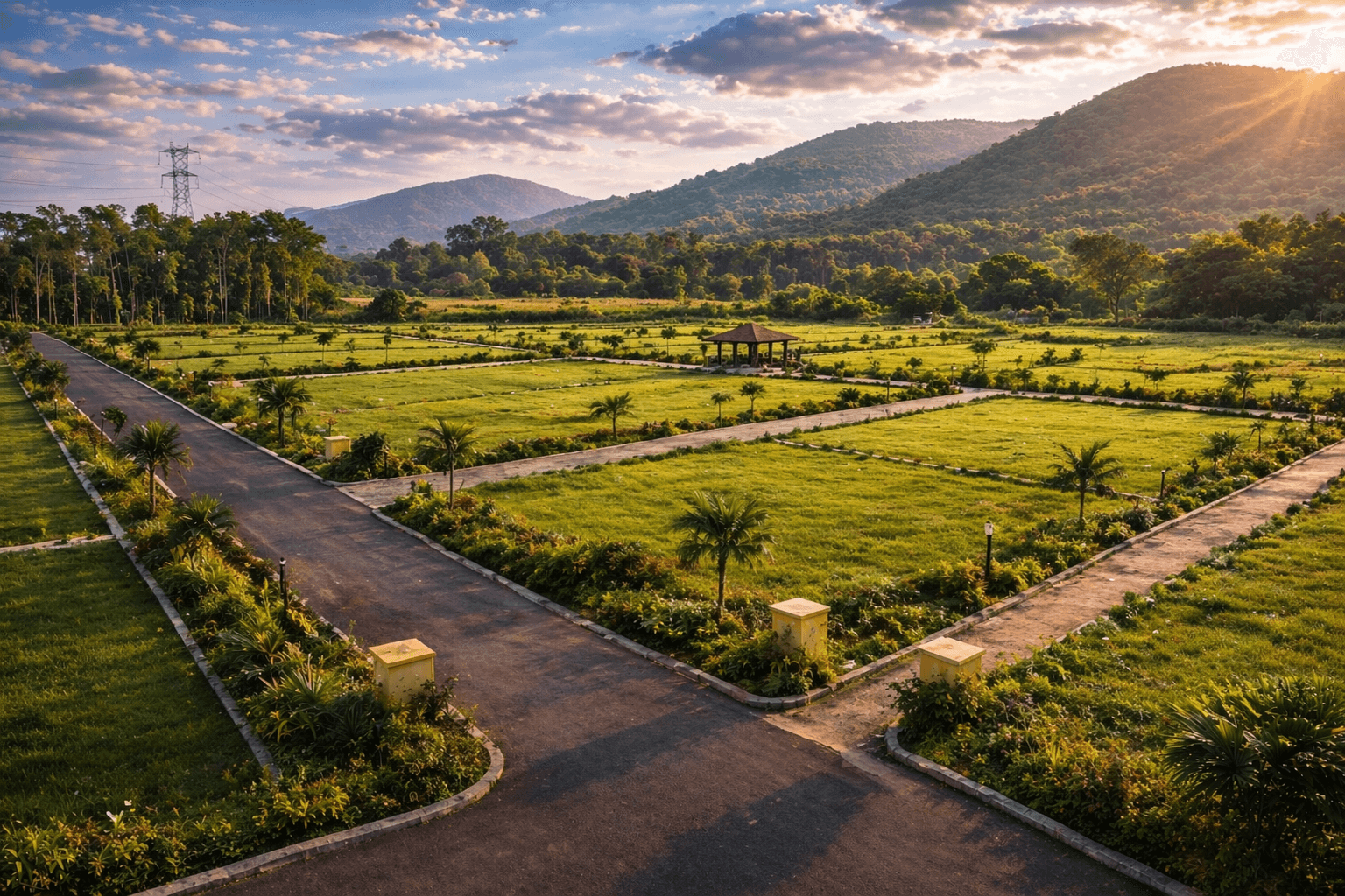 Planned farm plot development with green plots, roads, and hills at golden hour