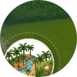 Lush green landscape with palm trees and natural water features
