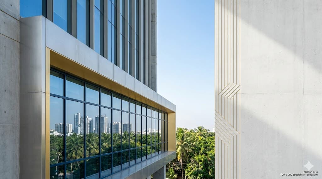 Modern commercial building reflecting greenery and urban skyline